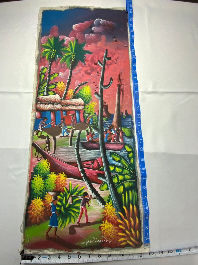 Haitian Canvas Painting from Port au Prince River village scene (Medium) 12”by30”