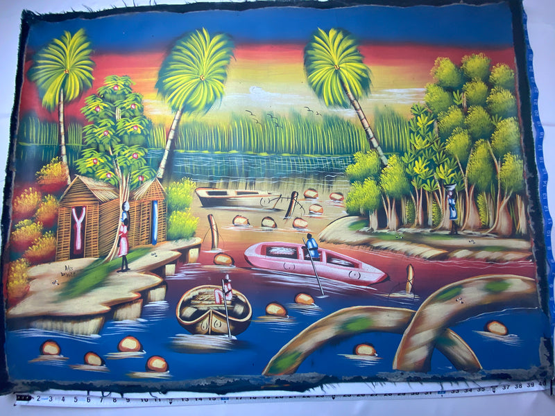 Haitian Canvas Painting from Port au Prince River village scene (Large) 40”by30”